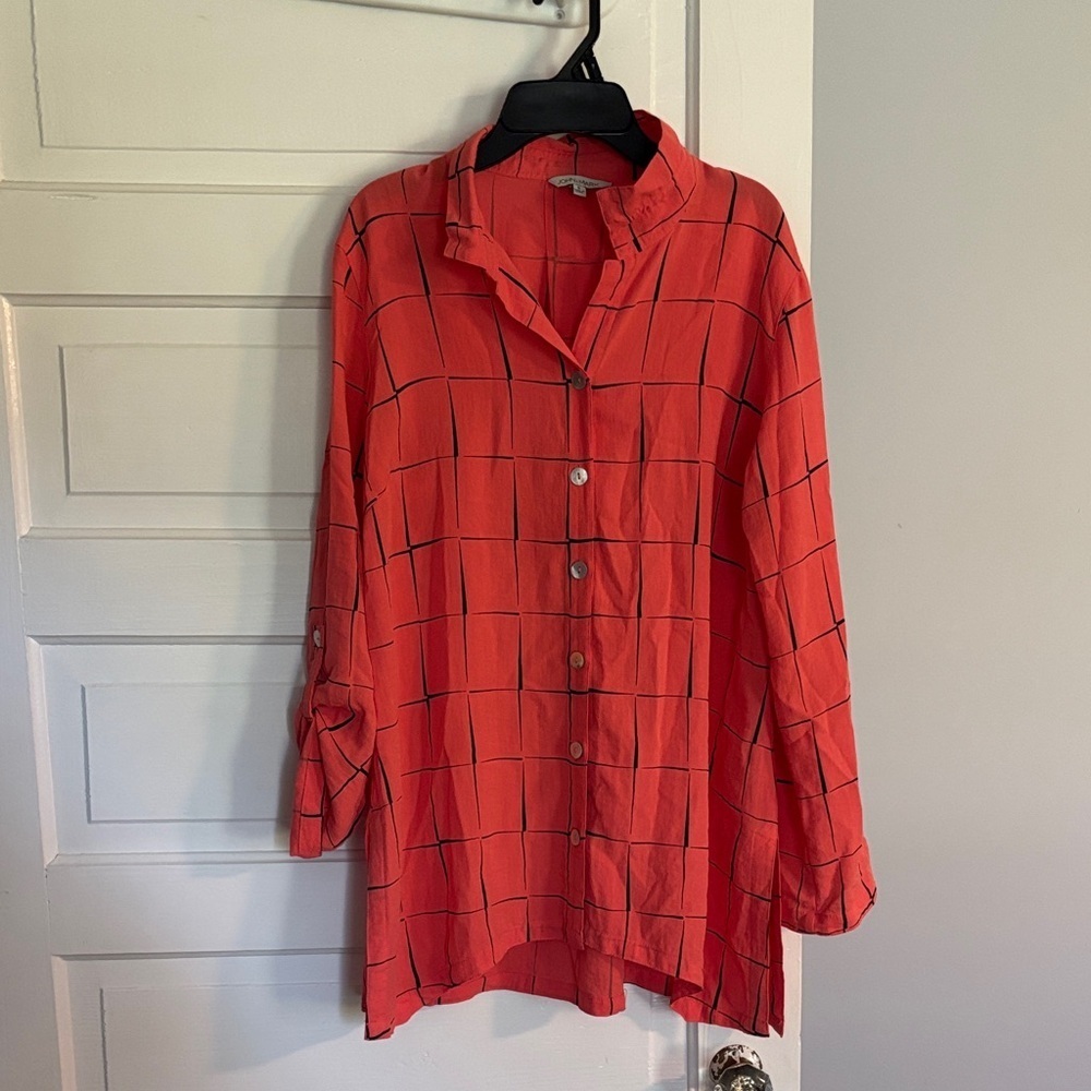 John Mark Coral Plaid Button-Down Shirt with Black Square Design